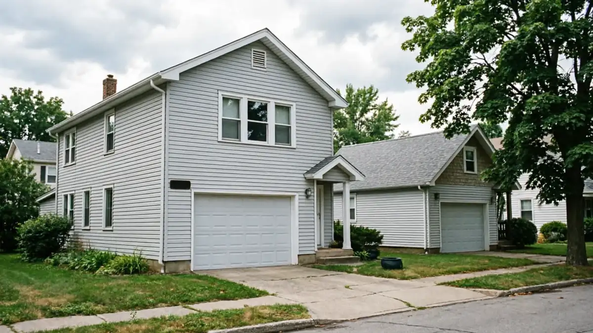 A light gray house with a garage door and a detached garage with a door.