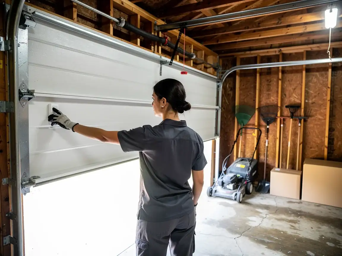 A technician in a gray uniform presses a button on a white garage door.