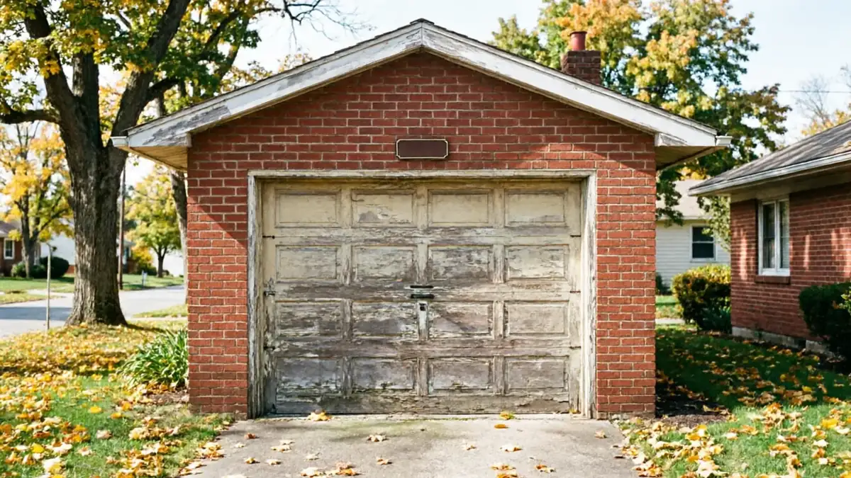 A brick garage with a peeling white garage door stands in a yard with fallen leaves.