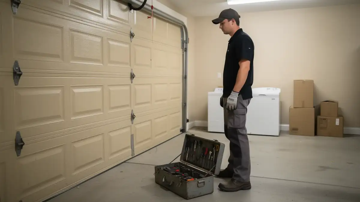 A technician stands next to an open toolbox and a beige garage door.
